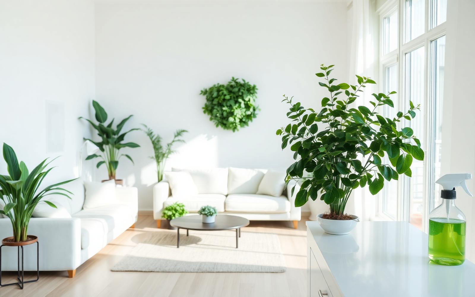 Freshly cleaned bright Oregon living room with eucalyptus branches